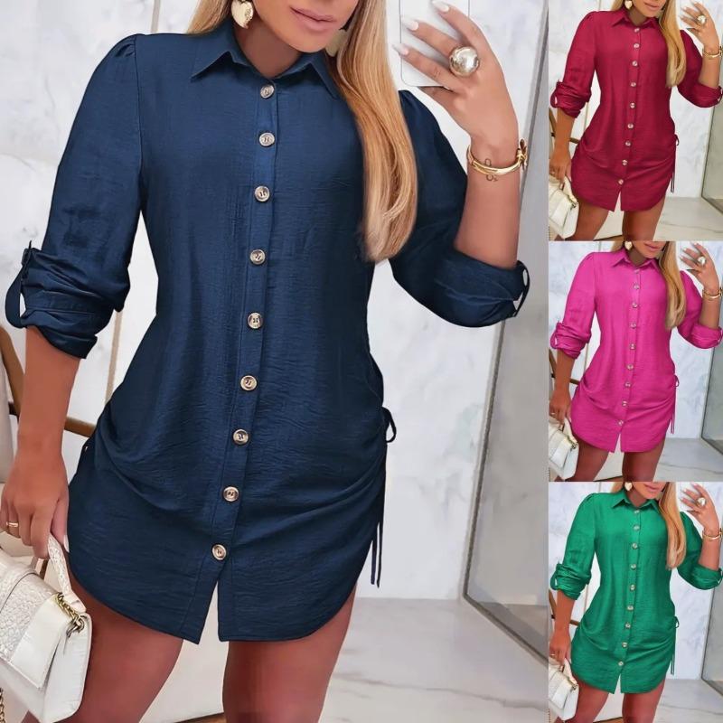 Wish autumn fashion long-sleeved solid color drawstring dress on both sides women