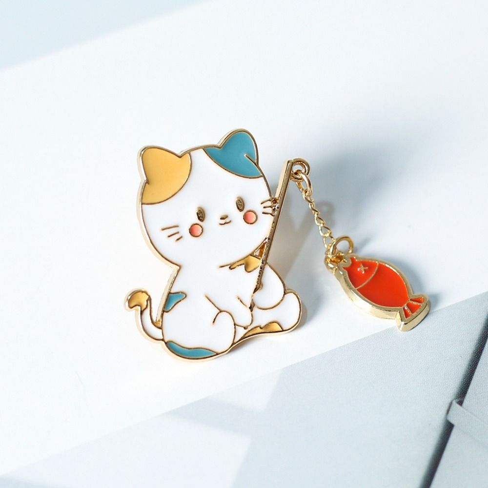 Metal Design Cat Fishing Brooch Cartoon Design Enamel Finish Cartoon Cat Pin Cute Animal Chain Pendant Creativity Brooch