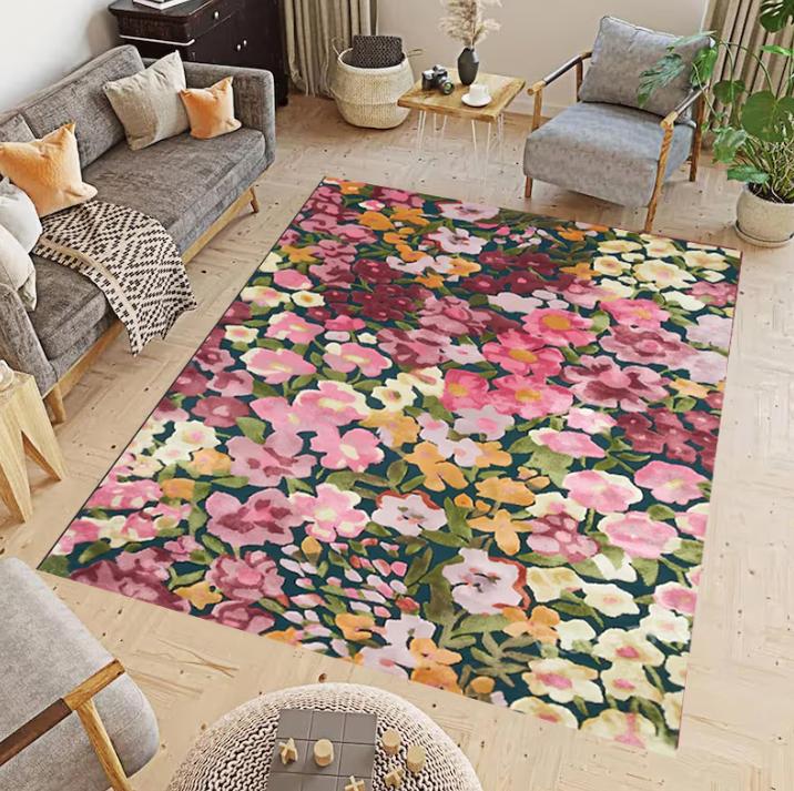 Colorful Floral Patterned Rug Dark Botanical Design Carpet Vibrant Garden Aesthetic Mat Bedroom Home Decoration