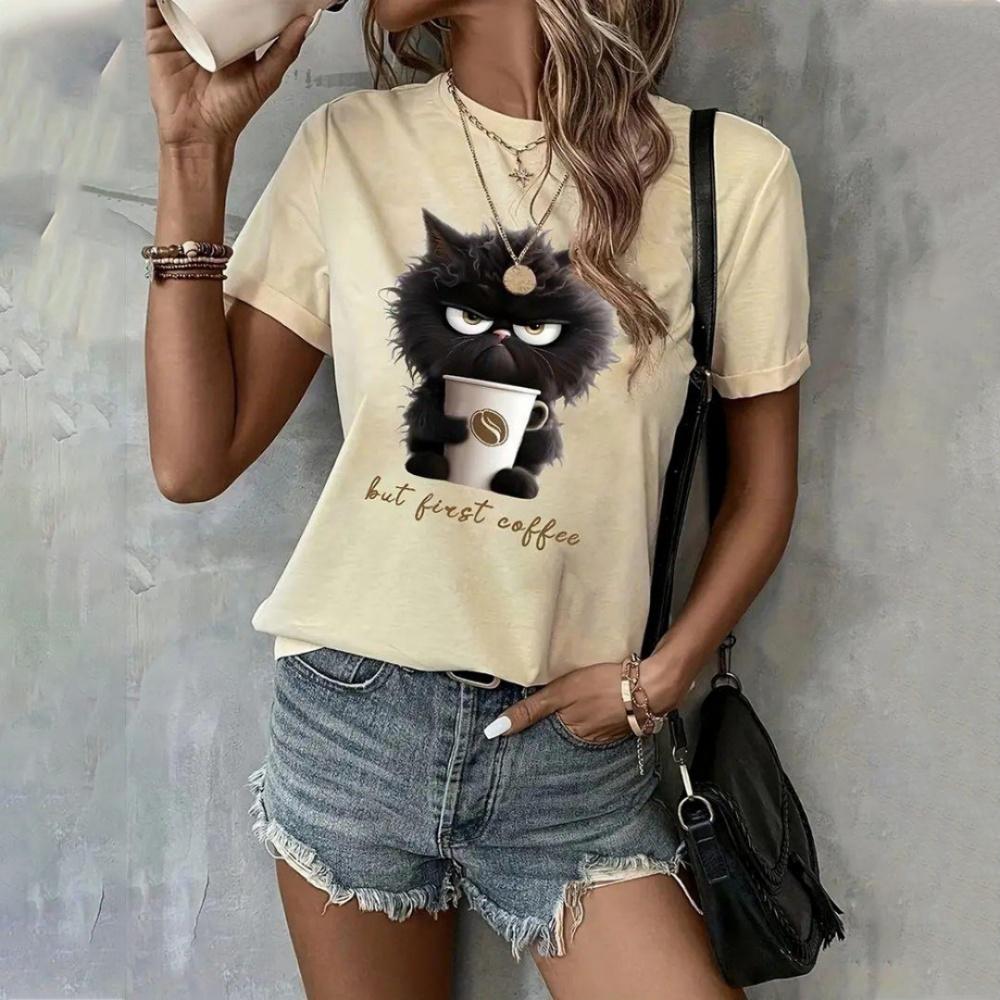 Fashion Women's T-shirt 3D Printed Kawaii Cat Pattern Short Sleeved Round Neck Top Summer Outdoor Casual Street Simple Clothing