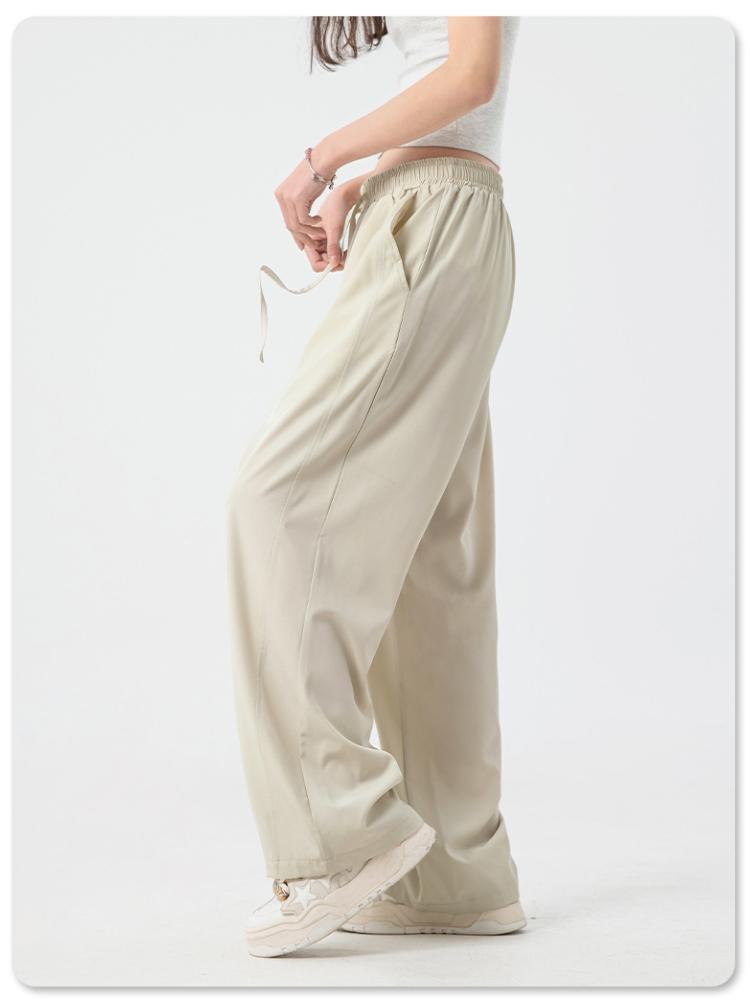 Men's Spring Summer Lightweight Cool Feeling Ice Silk Trousers Loose Casual All Match Solid Drawstring Straight Leg Long Pants