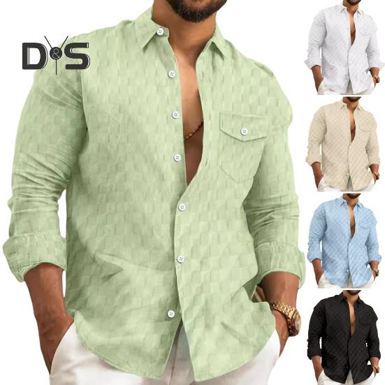 Fall Spring Men Shirt Button Turn-down Collar Long Sleeves Loose Plaid Applique with Chest Pocket Daily Wear Business Bottoming Top