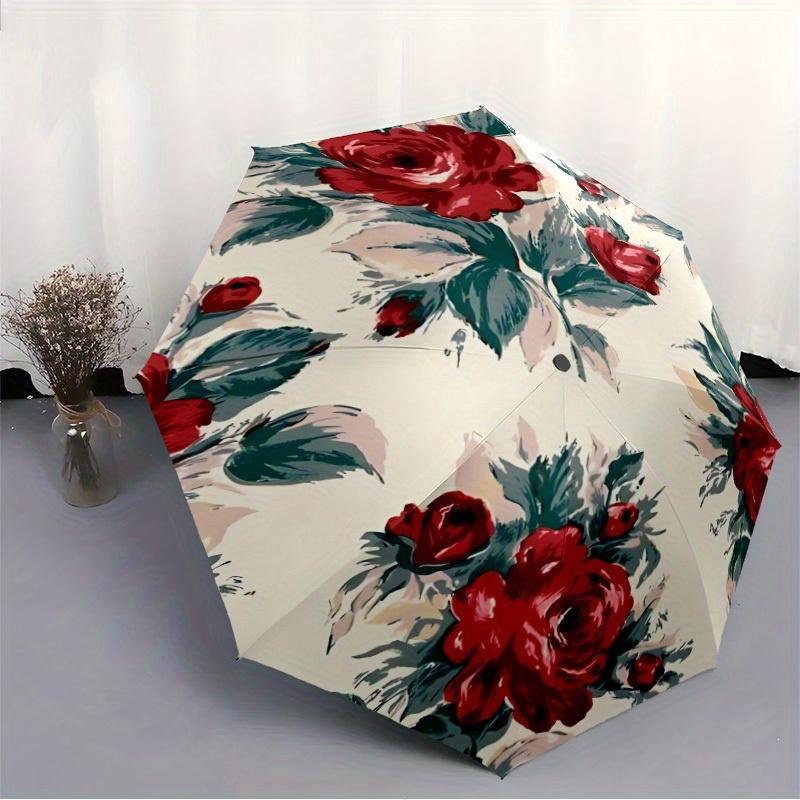1pc Floral Roses Automatic Folding Umbrella, 8-Rib Sturdy Canopy, Portable Travel Umbrella for Outdoor Use