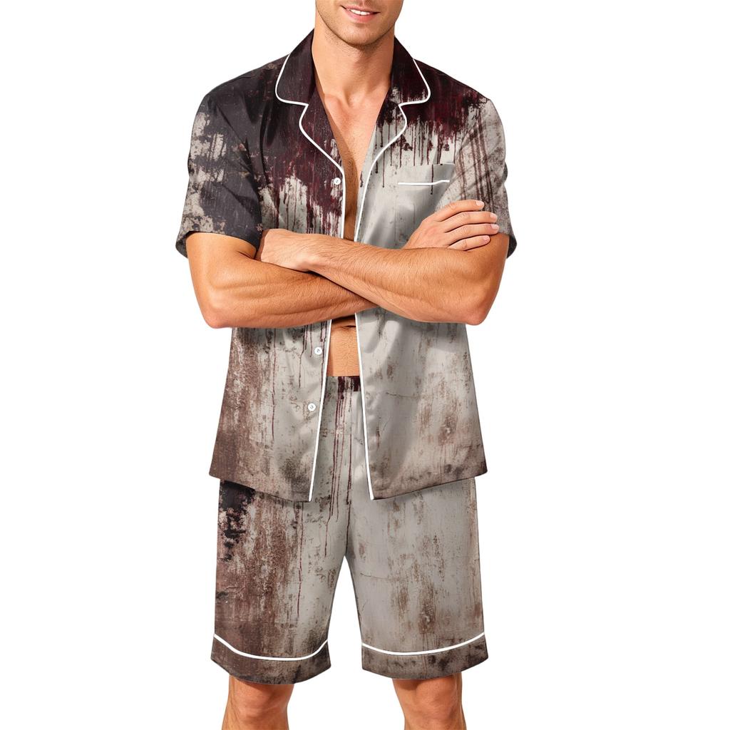 Herren Kurzarm Pyjama Set Knopfleiste Hemd mit Tasche und Kordelzug Shorts Weich Leicht Lässig Nachtwäsche S bis XXXXL