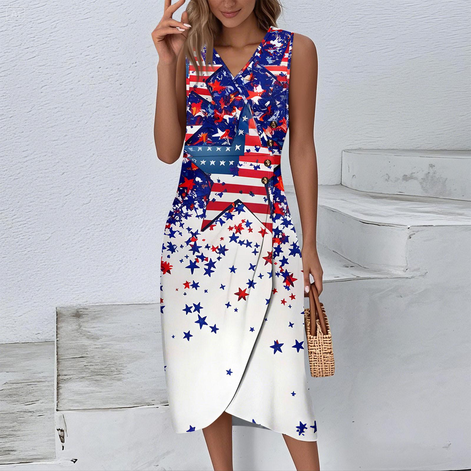 

Women s Summer Tank Dress Casual V Neck Sleeveless Button Independence Day Printed Dresses XXL