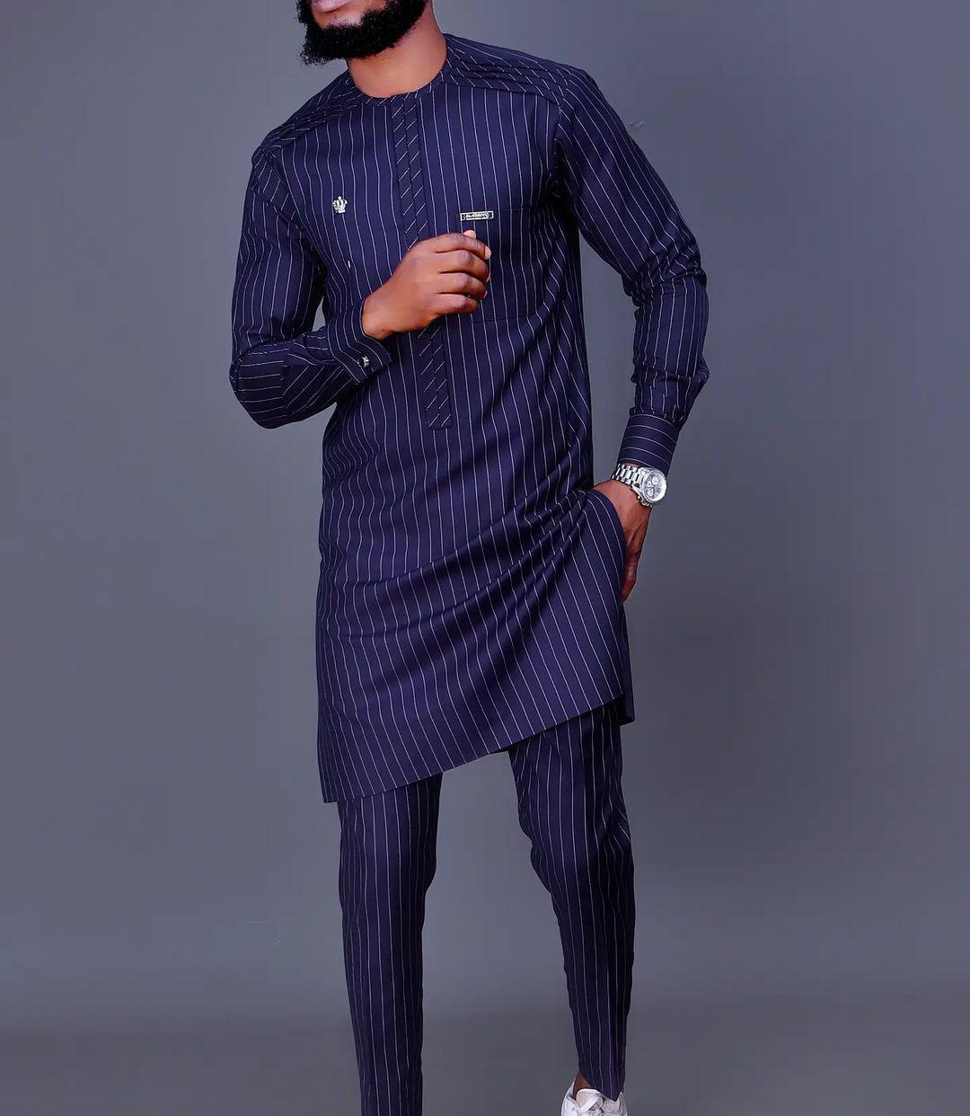 

African Men s Ethnic Striped Long Sleeve 2-Piece Festival Wedding Set L