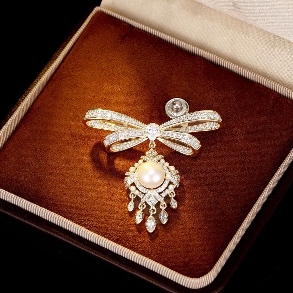 Damen Leichter Luxus Design Elegante Zirkon Schleife Imitationsperlen Quaste Brosche Modische Vielseitige Nischendesign Brosche