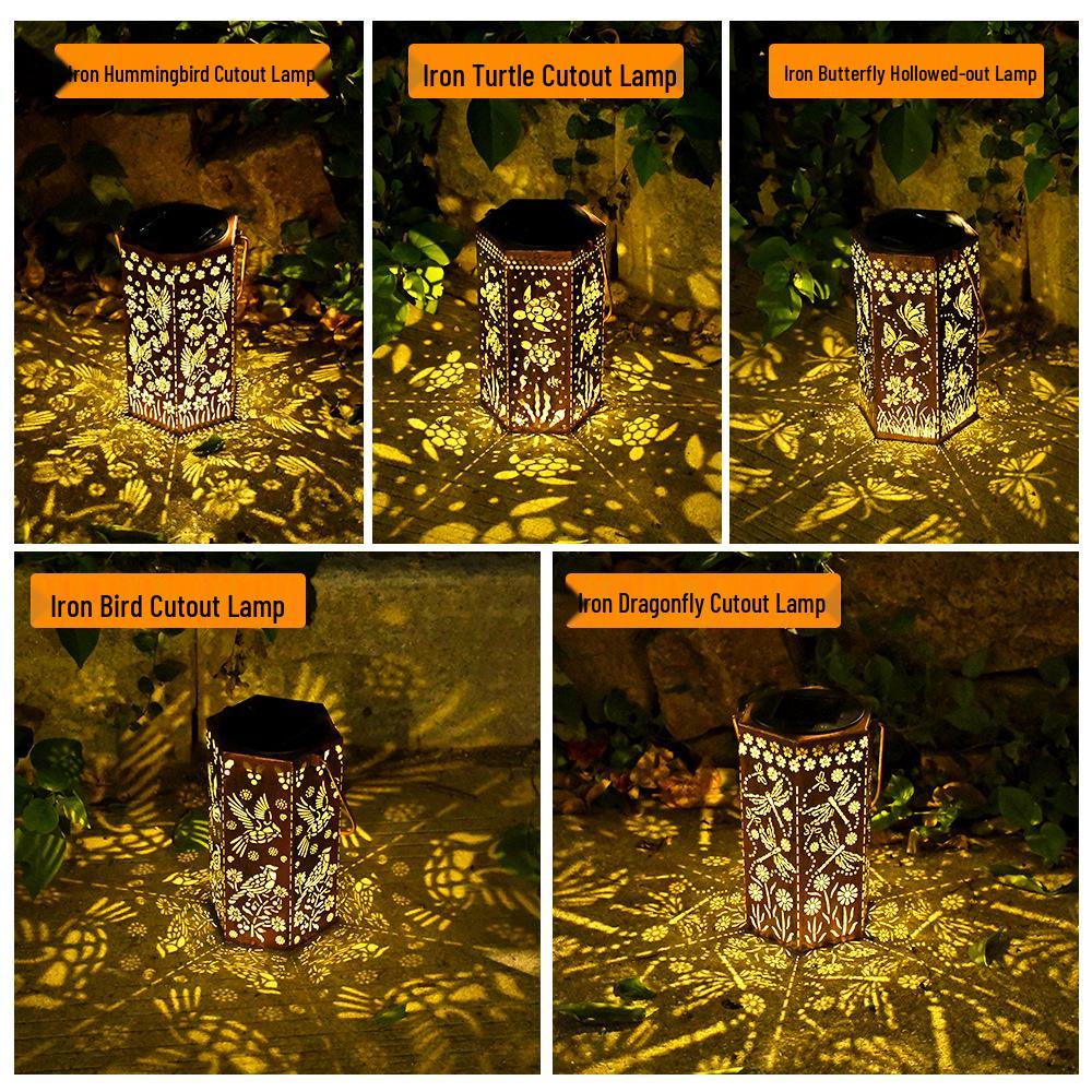 Outdoor Solar Wrought Iron Lantern: Waterproof Hollow Projection Table Lamp for Courtyard and Garden