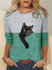 Color Block Printed Long Sleeved Casual Daily Basic Retro Round Neck 3D Cat Printed Women's T-shirts - Soft Medium Stretch Relaxed Fit Clothing