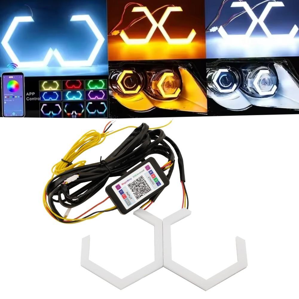 Pair 80mm RGB Hexagon Halo Rings LED DRL Turn Signal For Headlight Fog Retrofit