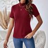 Wiosna i Lato Jednokolorowe Paski Dzianinowe Bluzki z Krótkim Rękawem Nisza Półwysoki Kołnierz Dopasowane Damskie T-shirty