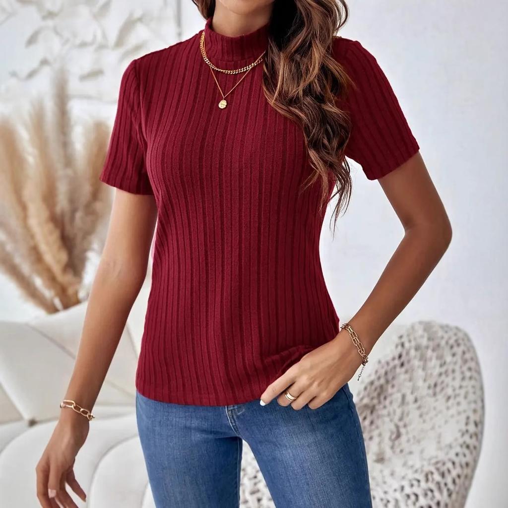 Wiosna i Lato Jednokolorowe Paski Dzianinowe Bluzki z Krótkim Rękawem Nisza Półwysoki Kołnierz Dopasowane Damskie T-shirty