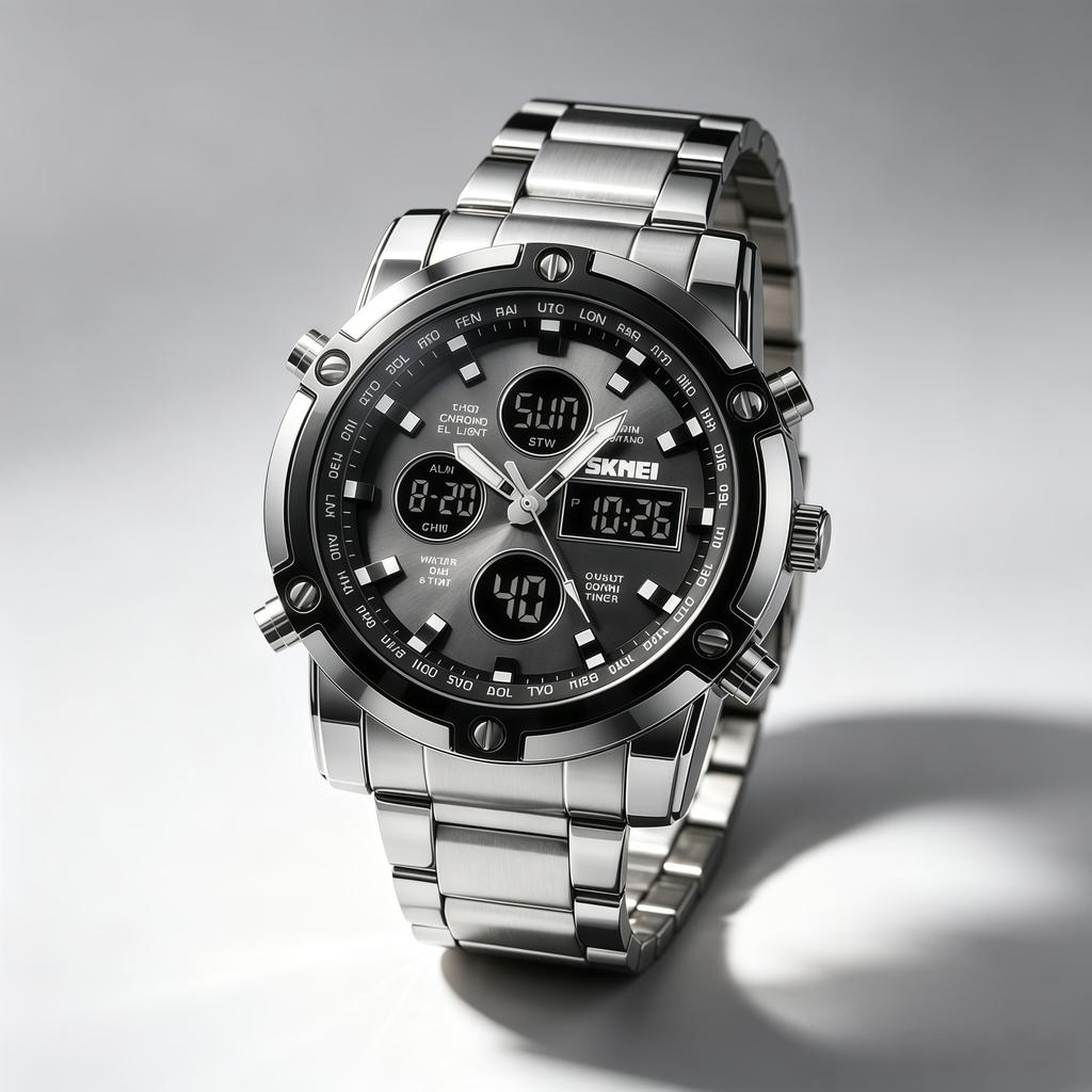 Orologio Digitale da Uomo SKMEI Triplo Fuso Orario Doppio Display Acciaio Inossidabile 1389