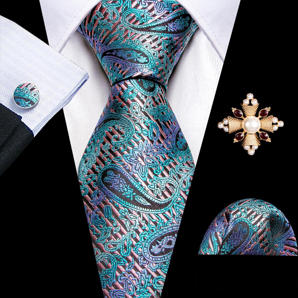Barry.Wang Pearl sagė su kaklaraiščiu vyrams Paisley gėlių šilko kaklaraištis Hanky rankogalių sąsagų rinkinys