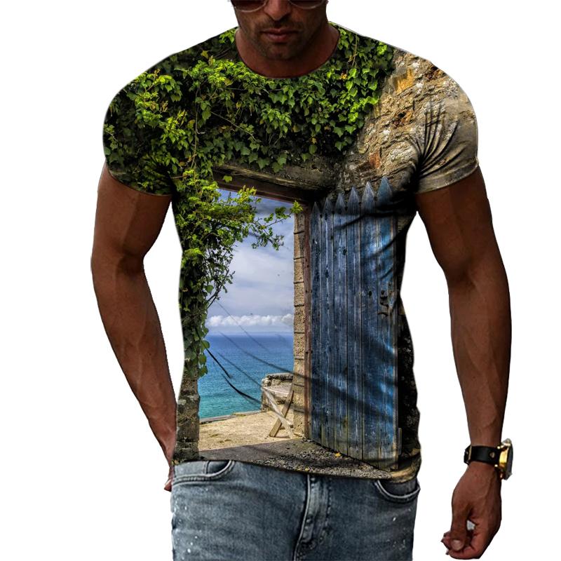 Summer Landscape Pattern T-shirts Casual Personality Hip-hop Trend Round Neck Tees Fashion Men's Street Cool Short-sleeve Top