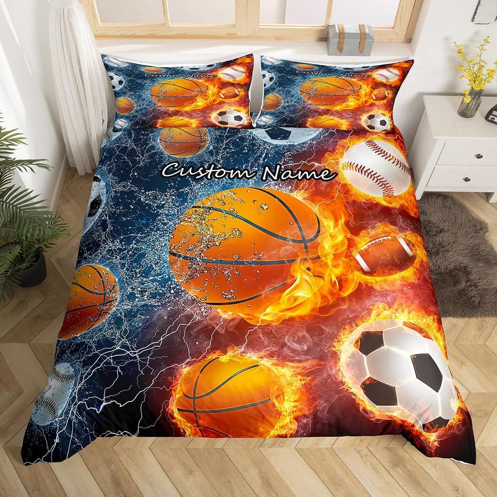 Name Soccer Duvet Cover For Boys Teens Blue Flame Soccer Bedding Collection Personalized Sports Comforter Cover Bedroom Decor