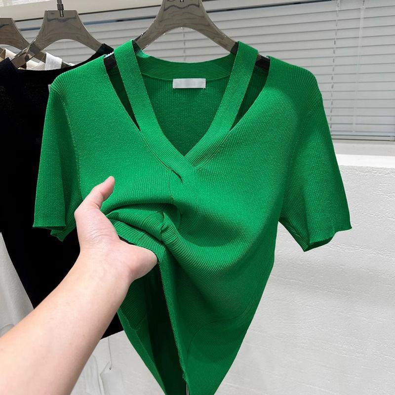 

Summer 2025 Ice Silk V-Neck Hollow Slimming T-Shirt 2XL зелений
