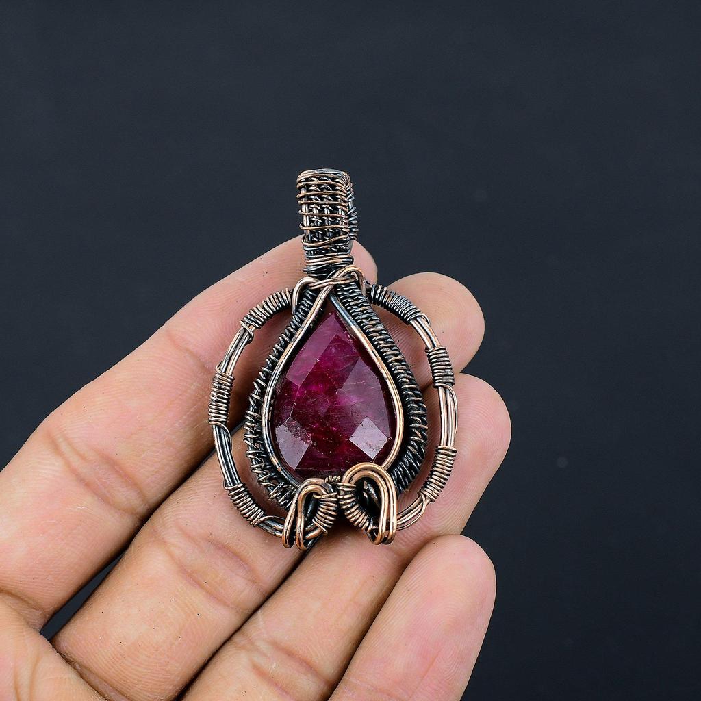 Ruby Pendant Gemstone Jewelry, 999 Copper Wire Wrapped Handmade Pendant, Latest Design Jewelry