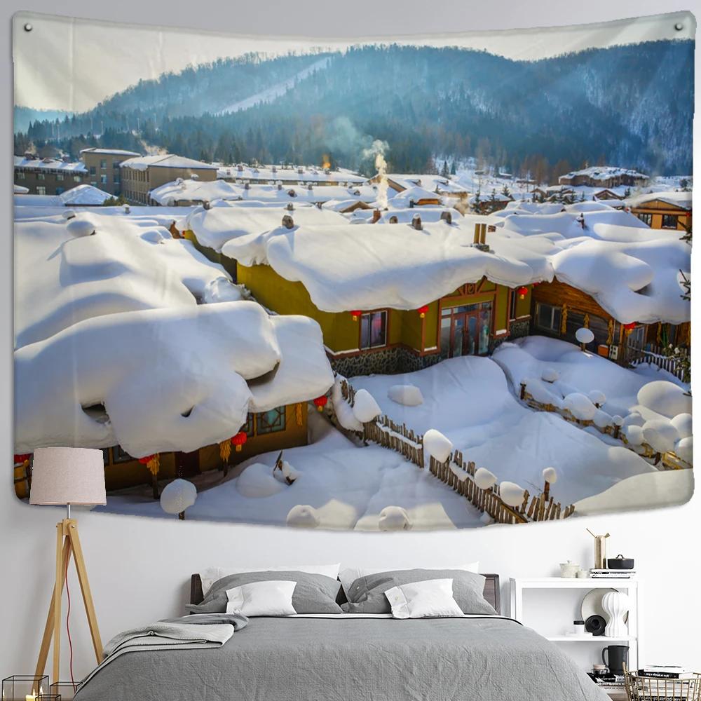 Snow Covered House Tapestry Wall Hanging Christmas Festival Natural Landscape Art Background Cloth Home Decor
