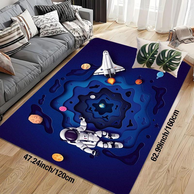 Flannel Printed Space Astronaut Rug 3D Galaxy Design Soft Fleece Floor Mat Living Room Carpet Kids Room Decor Cosmic Theme Rugs