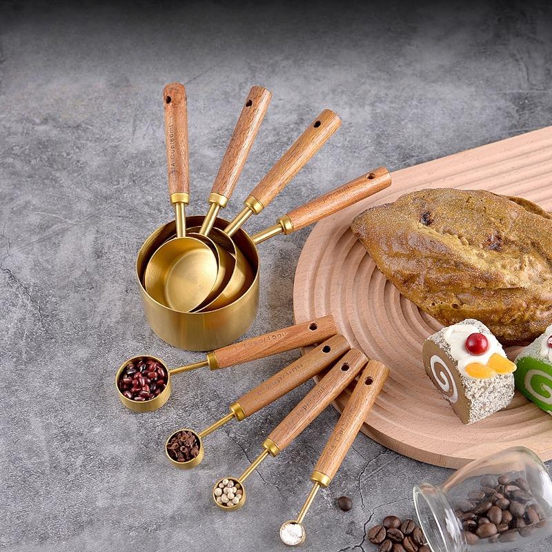 4Pcs Stainless Steel Wooden Handle Measuring Cups Spoons Baking Tools Coffee Bartending Scale Kitchen Accessories Set