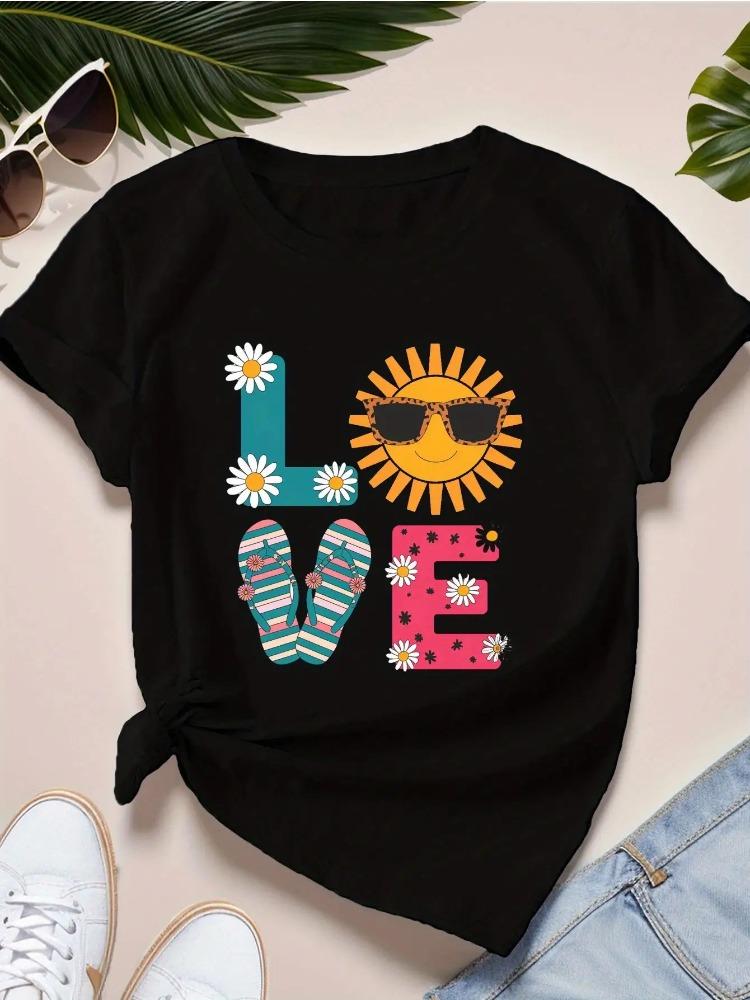 2026 New Womens Fashion Casual Printed TShirt Colorful LOVE Pattern Comfortable Crew Neck Short Sleeve Harajuku Aesthetics Top