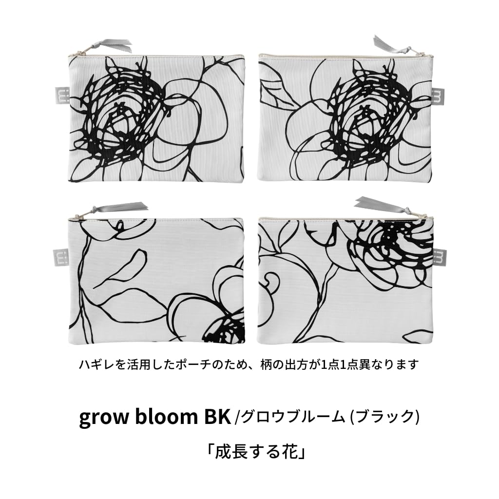 minimynimo Flat Made in Nordic Gray Bloom Pouch, Japan, Pattern, Small, Fabric, 20cm, (Glow Black)