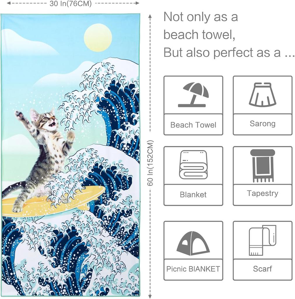 Funny Surfer Cat Beach Towel, Great Wave Blue Ocean Art Cotton Blend Absorbent Bath Towel for Kids Men Women and Travel