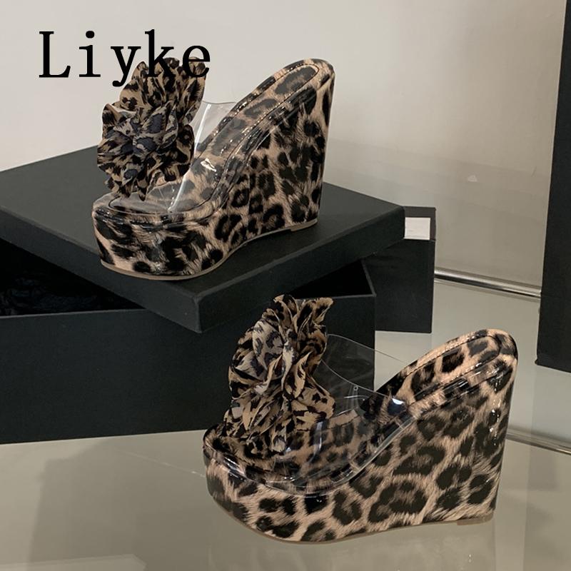 Fashion Liyke Sexy Leopard Print Platform High Heels Wedges Slippers For Woman Fashion Big Flowers Summer Transparent Sandal Female Shoe