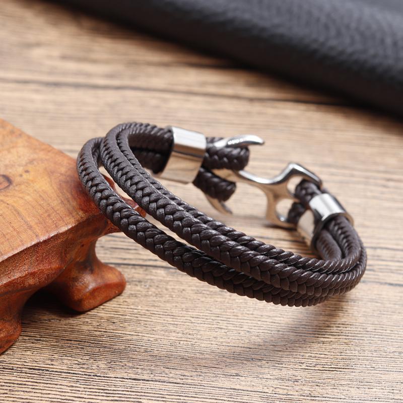 2018 Fashion Stainless Steel Anchor Bracelet Men Black Braided Cowhide Leather Rope Bracelets Wrap Punk Charm Jewelry