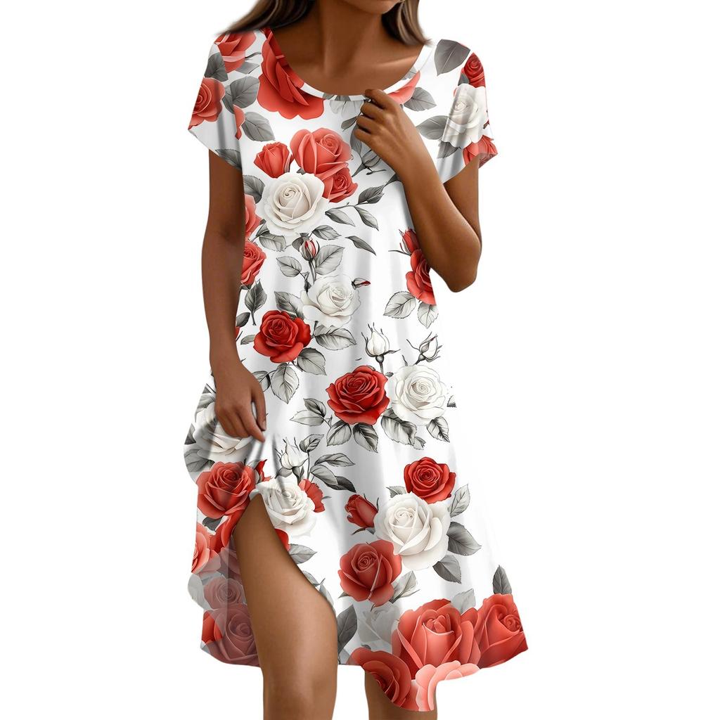 Short Sleeve Boho Dress For Women Casual Loose Fit Sundress Print Round Neck Dress With Pockets