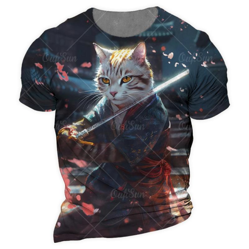 Samurai Cat O-Neck Men's Shirts Summer Male 3d Print Short Sleeve T Shirts Oversized Man Casual Top Tees Daily Animal Clothing