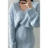 Fashion V-neck Twist Long Sleeved Knitted Sweater Dress Autumn Korean Style Gentle Women High Waist Hip Skirt Elegant Casual Loose Outfit Clothing
