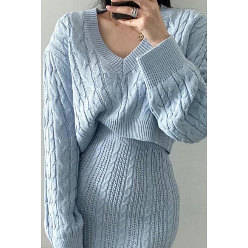 Fashion V-neck Twist Long Sleeved Knitted Sweater Dress Autumn Korean Style Gentle Women High Waist Hip Skirt Elegant Casual Loose Outfit Clothing