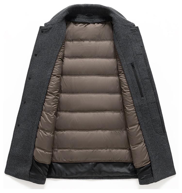 Hengyuanxiang Herren Quadratischer Kragen Mittellanger Wollmantel mit Abnehmbarem Daunenfutter - 2025 Herbst/Winter Warmer Windbreaker