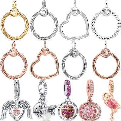 Ciondolo Pendente O Cuore Argento Massiccio 925 Placcato Oro Rosa CZ Adatto Bracciale Originale Perline Fai Da Te Accessori Gioielli