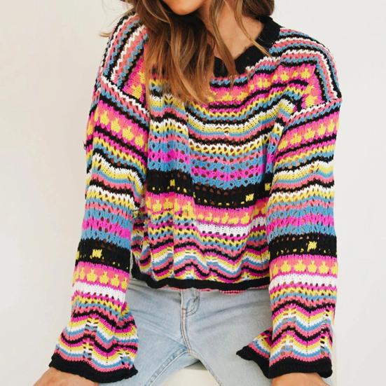 Loose Casual Women Sweater Round Neck Long Sleeve Contrasting Color Stripe Knitted