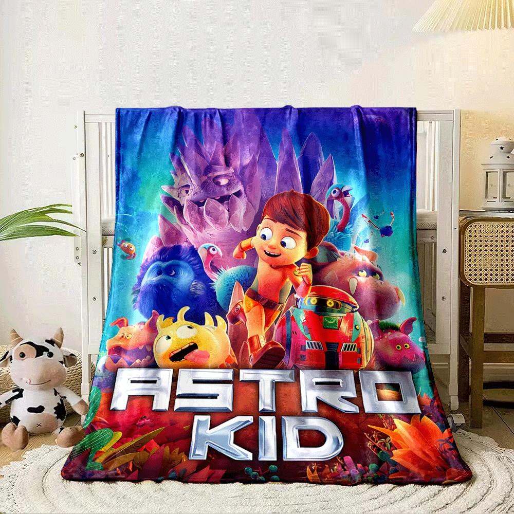 A colorful alien landscape with creatures, a robot, and a child. for all seasons blanket lunch break throw gift 80cm x 120cm