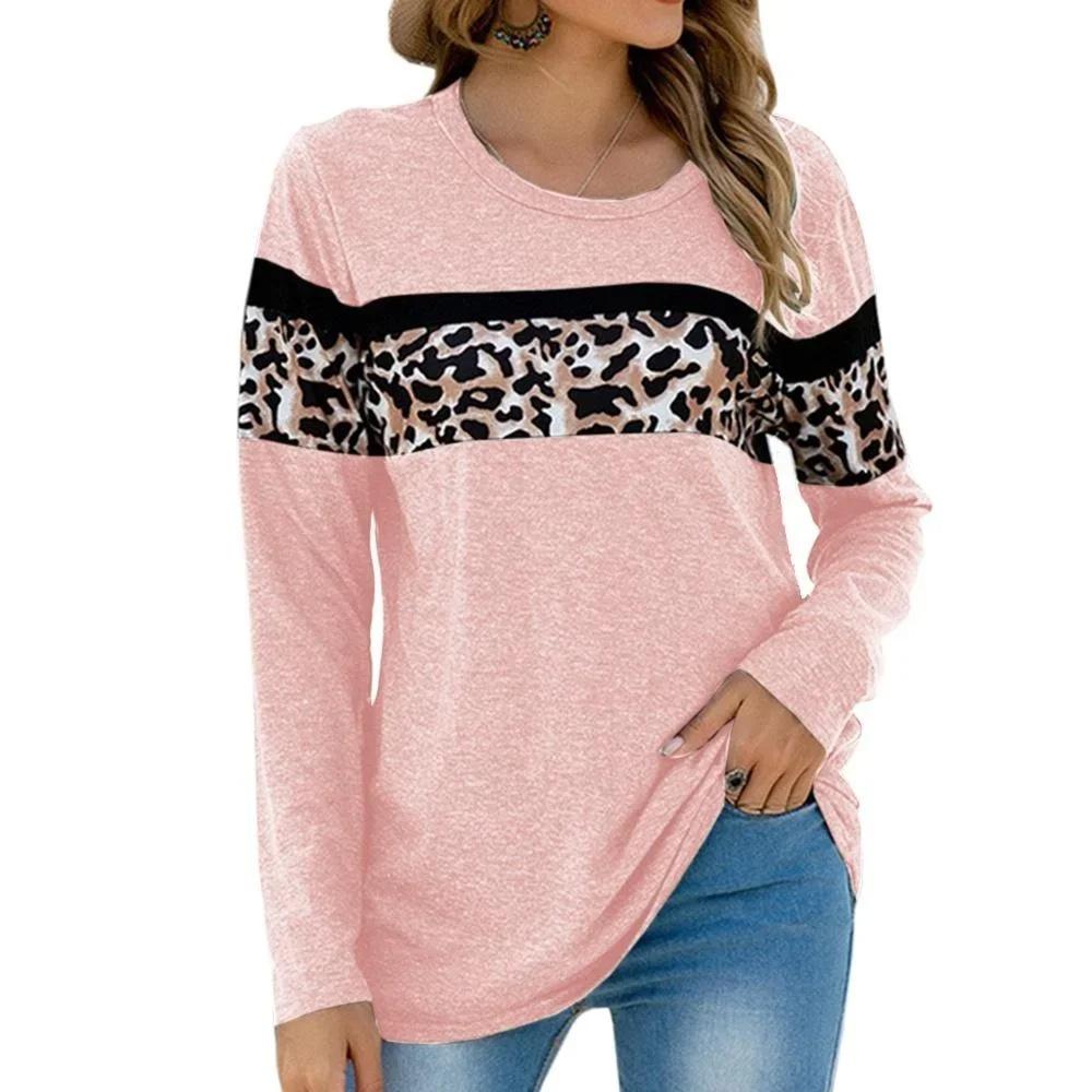 Women Autumn Tops Leopard Print Lines Print Causal Long Sleeve T-shirt Top Blouse