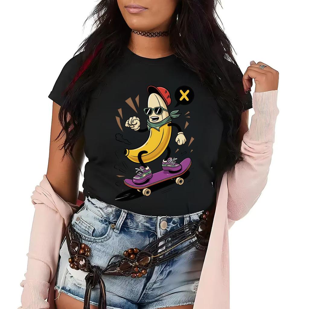 New fashionable and fun skateboard banana print Tshirt casual short sleeved suitable for Womens daily Tshirt in all seasons