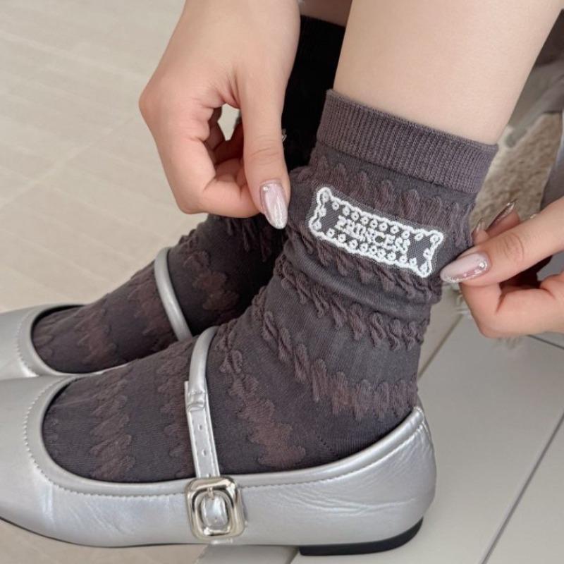 Lace Fabric Label Pleated Bubble Mid-calf Socks, Women's Three-dimensional Trendy Socks, College Style Pile Socks