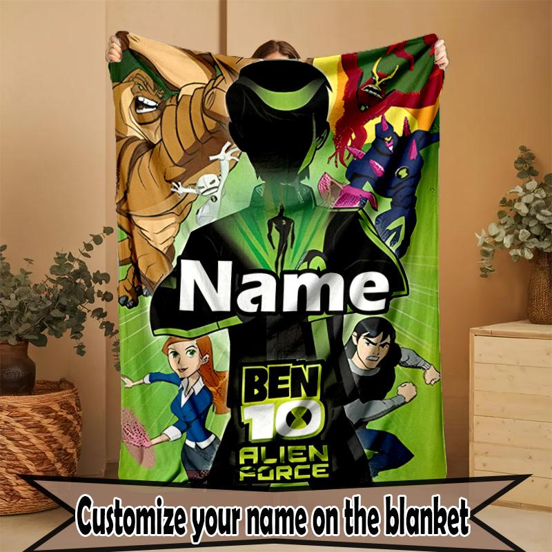 Custom Name Personalized Ben 10 Cartoon Print Blanket, Home Decor, Bedroom, Sofa, Camping, Couch, Gifts for Birthday ChristmasEnthusiasts