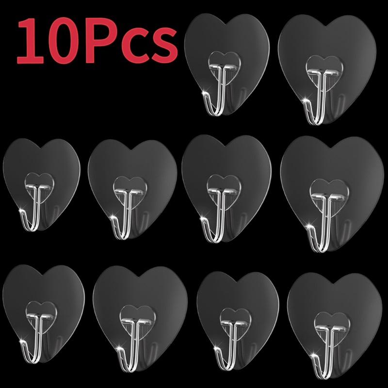 Heart Shape Transparent Hooks Non Punching Plastic Love Hangers Holder Self Adhesive Key Towel Multi-Purpose Hooks Storage Rack