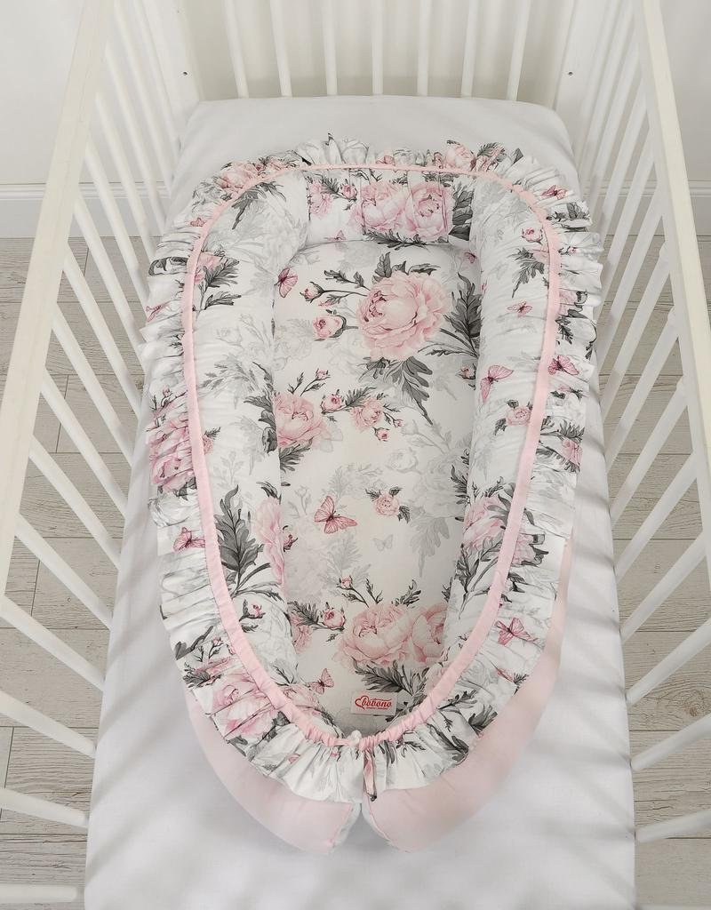 Premium baby cocoon playpen swaddle with ruffles - Romantic peonies