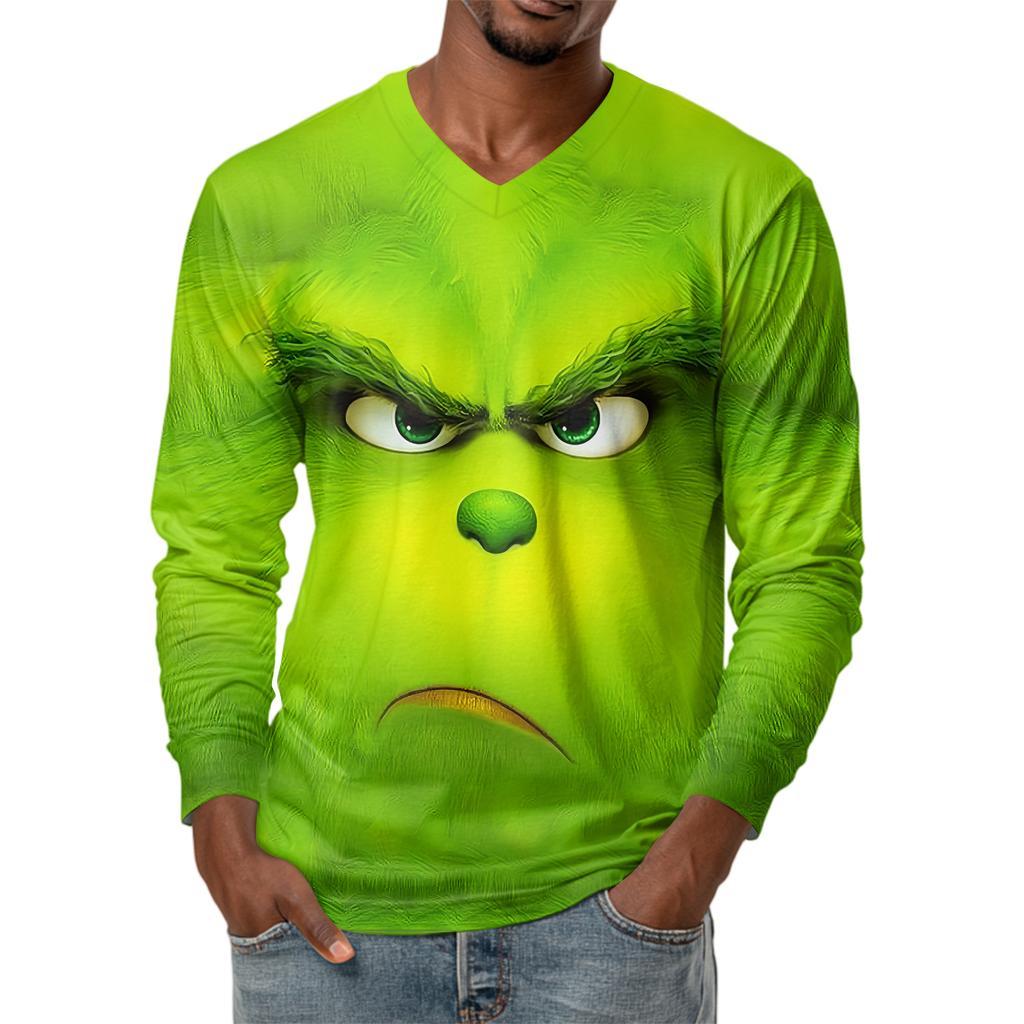 Men's Fashion Printed V-Neck Casual Long-Sleeved T-Shirt Bottoming Shirt Top