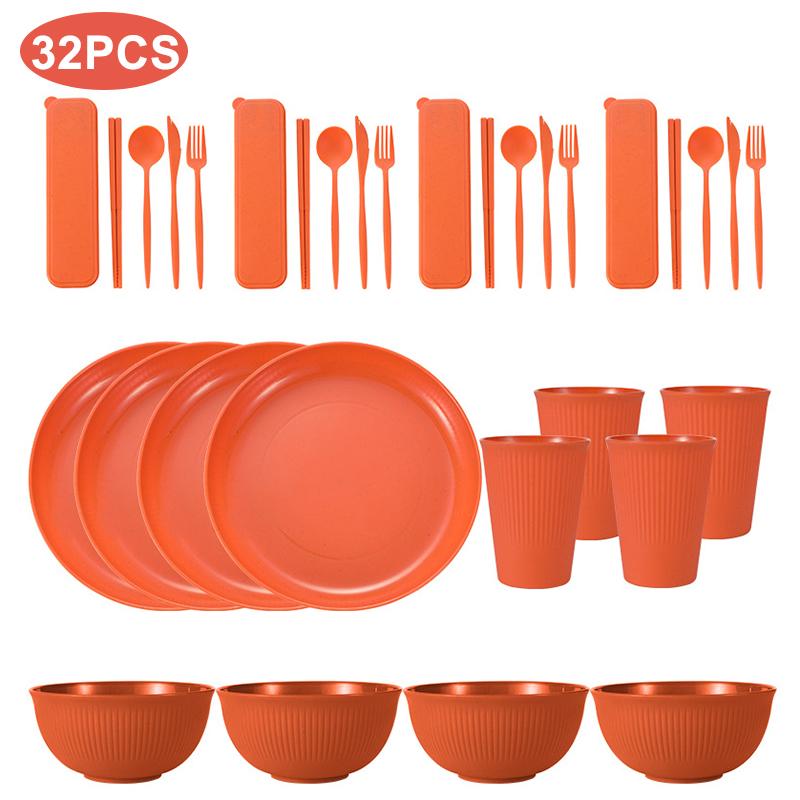 32/36pcs Wheat Straw Cutlery Set Spoon Fork Chopsticks Tableware Picnic Camping Cup Bowl Dish Dinnerware Set Kitchen Accessories