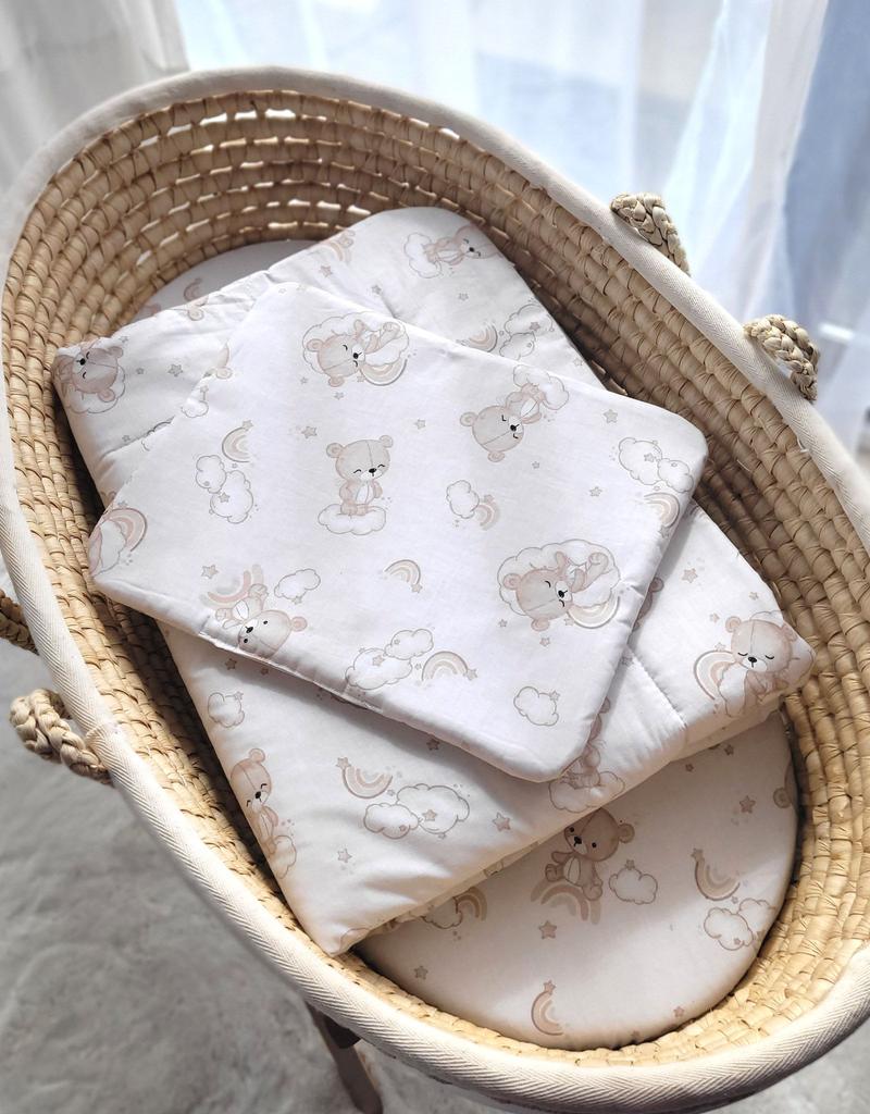 Newborn bedding set with filling, 2 pieces, 75x100cm, beige teddy bear with rainbow