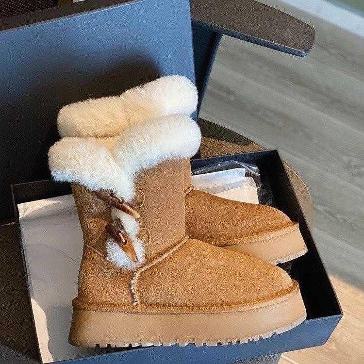 Corner buckle leather warm snow boots women's 2025 winter new matte real wool wool shoes velvet cotton shoes short boots