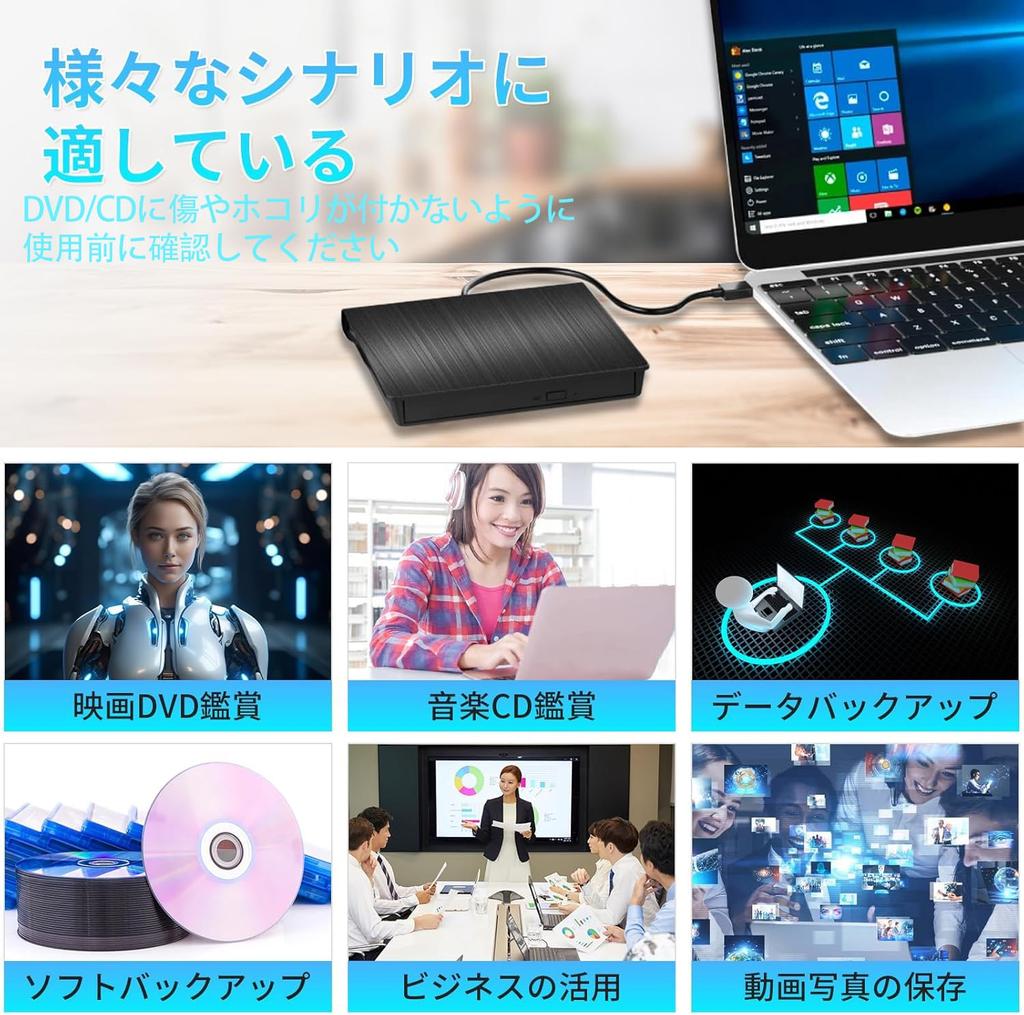 External DVD Drive, High-Speed, 8xDVD & 24xCD, Read/Write, Bus-Powered, USB 2.0/3.0 & Type-C Dual Ports, External CD Drive (Black)