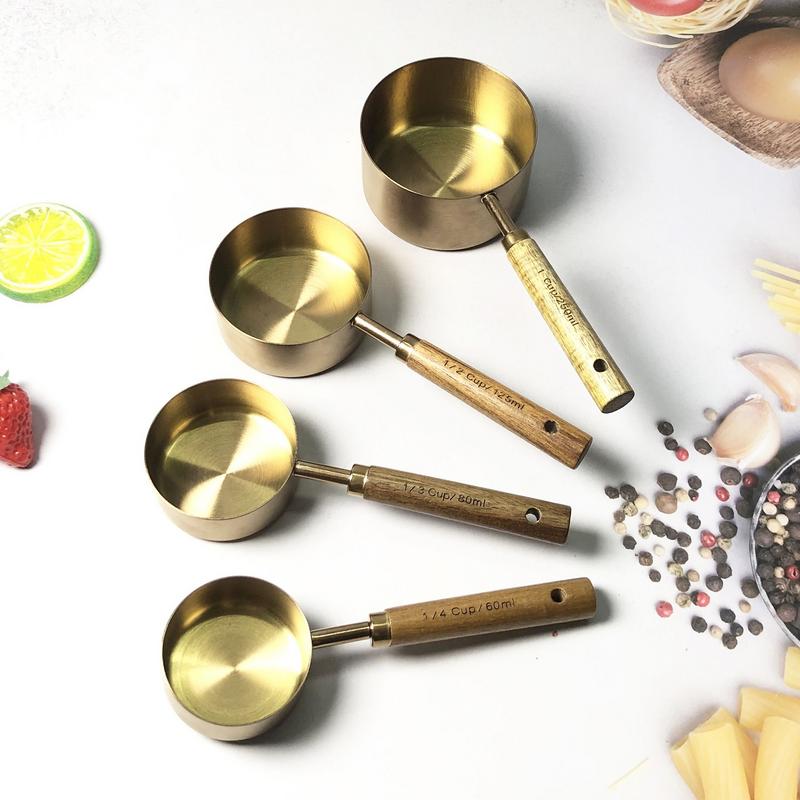 Measuring Cups And Spoons Stainless Steel Measure Cups Spoons With Wooden Handle Set Of 8 Stackable Accurate Tablespoon For Dry